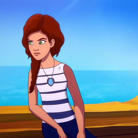 EmilyJones, side braid, light-skinned, brown hair, green eyes, amulet, freckles, solo, stripped shirt, sleeveless shirt, ocean,