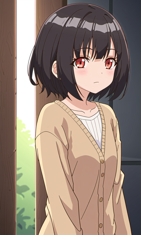 m1yuTE, black hair, short hair, red eyes