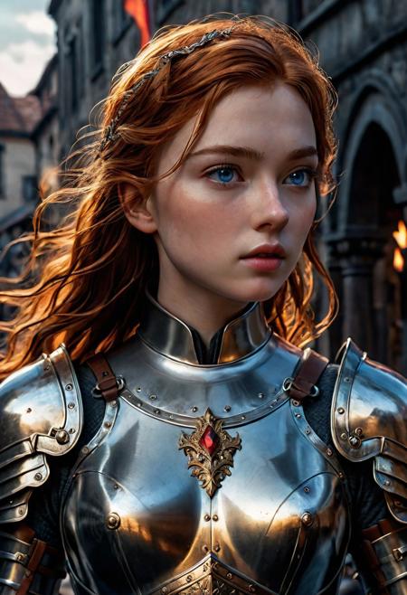 High resolution ultra-realistic of Beautiful Warrior Sadie Sink as Joan of Arc, 8k, capturing the intensity of the moment, cinematic lighting, standing on a bloody and stormy battlefield in bloody battle, wavy red hair, realistic dirty pale face, realistic blue eyes,  beautiful hourglass figure, burning in a medieval Town, intricately designed iron and silver armor, Dark Ages Aesthetic, perfect athletic figure, beautiful Warrior Joan of Arc, fire, ultra realistic, cinematic style, vigorous and seductive, athletic figure, dark fantasy, dramatic lighting, wet and sweaty skin, dirty skin, athletic figure, dark fantasy, dramatic lighting, Greg Rutkowski style,, Warrior Joan of Arc on in iron armor, hyper-detailed, hyper-realistic, bright colours, Attractive 21 old years girl, Attractive, beautiful firm Breasts, sharp focus, digital painting, Photograph Taken on Nikon D750, Alphonse Mucha, 8K, athletic figure, Hyperdetailed, hyperrealism, Attractive, Attractive bust girl, asymmetric balance