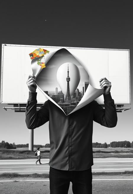 A faceless figure peeling back a billboard to reveal a grayscale world beneath
surreal minimalism, pop art influence, conceptual layering, muted tones with bursts of color, poetic symbolism, socio-political undertones, collage aesthetics, visual irony, negative space, mixed media illusion, introspective yet satirical, fragmented realism