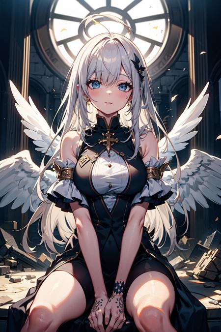 best quality, masterpiece, ultra-detailed, illustration, (beautiful detailed eyes), beautiful, amazing, detailed eyes, (detailed skin), (oily skin), 1girl,solo,angel girl, tattered church, rubble, scattered glass,white hair, long hair, fluttering hair, halo, ahoge, splendid priestly clothes, big wings, white wings, sit, waliza, hands between legs,looking up , particle , whole body, cowboy shot,moonlight, natural light,{{{{masterpiece}}}}, {{{hyper detailed}}}, {{{highres}}}, {{{8k}}}, {{perfect body}}, {{beautiful detailed eyes}}, {{colorful}}, {{vivid color}}