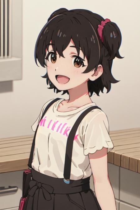 best quality, masterpiece, highres, solo, {akagi_miria_theidolmastercinderellagirlsu149:1.15}, short_hair, black_hair, brown_eyes, brown_hair, two_side_up, smile, open_mouth, upper_body, hair_ornament, 1girl, suspenders, :d, looking_at_viewer, shirt