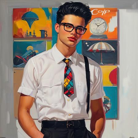 score_9, score_8_up, score_7_up,style of Art Frahm,  solo, 1man, masculine, black hair, chiseled jaw, black glasses, handsome, hands in pocket, white button up shirt, black slacks, suspenders, vibrant colors, loose brushwork, dynamic, masterpiece, detailed,
