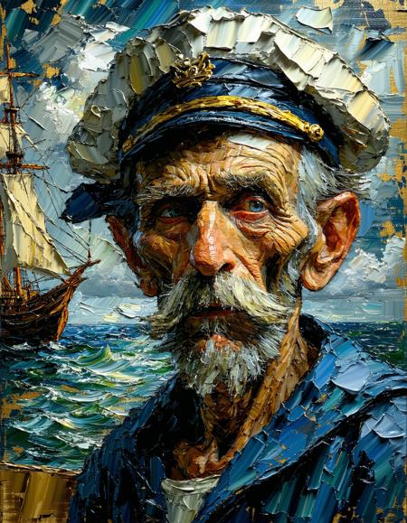 A portrait of an old sailor with a weathered face, textured oil painting with thick impasto brushstrokes, rich earthy tones, dramatic chiaroscuro lighting, Van Gogh-inspired.
