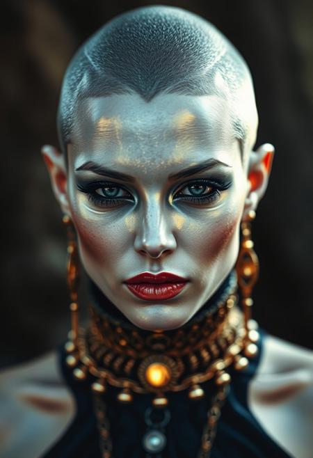 human sorceress, ((((fully shaved head)))),chrome and gold, avant-garde