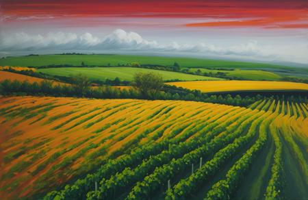 (style of Josh Adamski:1.1), scenery,scene painting,a painting, field ,vineyard ,clump ,coppice , Plateau ,