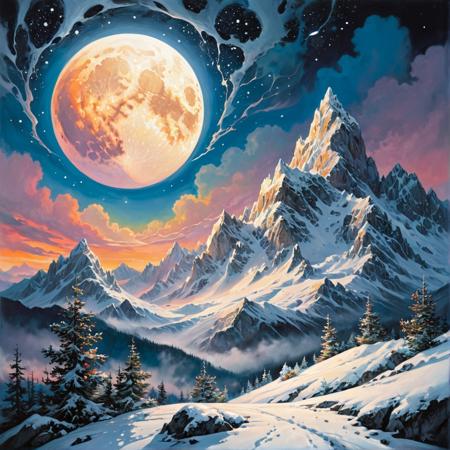 Zentangle extreme effect, landscape with Variegated splashes of color,
big full moon, Light transparent clouds, The mountains of the top are covered with snow, 
fantastical surrealism by Daniel Merriam, Joe Fenton,
ral-cnvctncrnts  <lora:ral-cnvctncrnts-sdxl:.25>, 
painted world <lora:Painted World-SDXL-000006:.5>, 
fractalvines  <lora:Fractal_Vines:.50>
