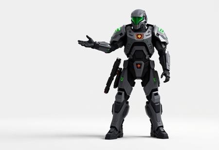 Sci-fi Gadget Soldier in high-tech combat armor, gray with striking green accents and black limbs, red & yellow chest emblem, helmet with green visor, standing ready, arms outstretched, legs slightly spread. Minimal white void background, poised in anticipation. Dynamic pose, cinematic volumetric lighting, Octane Render, Unreal Engine 5, CGSociety, trending on ArtstationHQ. Ultra-detailed, sharp focus, high quality, 4k, impeccable composition, creative angle, golden ratio.