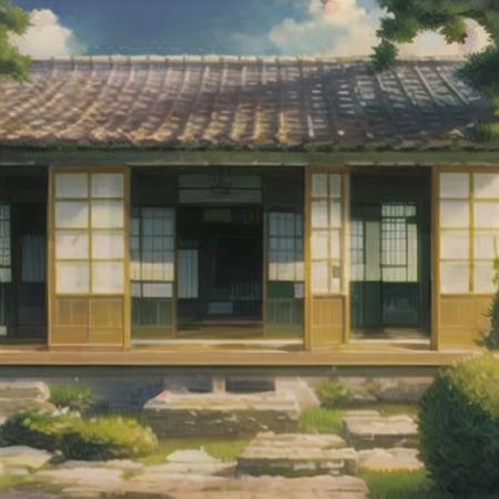 (masterpiece:1.2), best quality, masterpiece,architecture, blurry, building, bush, day, depth of field, east asian architecture, garden, grass, house, no humans, outdoors, plant, scenery, tree, water, window,<lora:Ghibli:0.7>