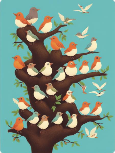 <lora:Dixit:1>a group of birds sitting on top of a tree