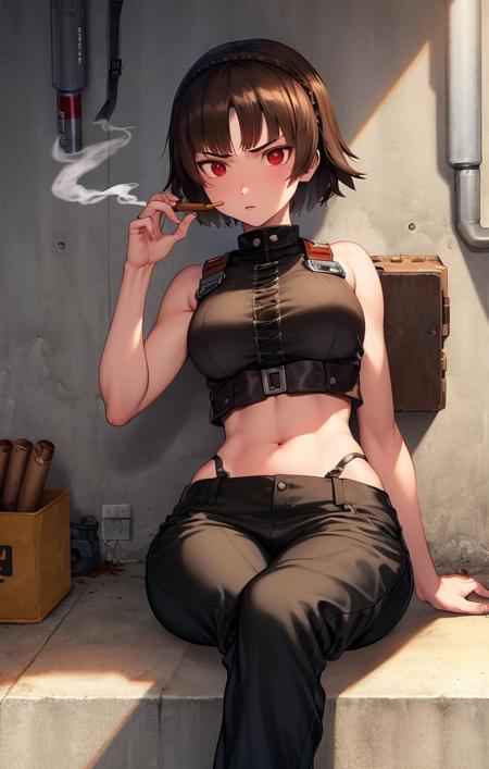 <lora:MakotoNiijimaPersona4:1>  underground, overhead lights, vanishing point, sitting leaning back, dirt walls, military, headband, gritty film grain, panoramic view, smoking cigar, holding large machine gun, makoto niijima [persona], baggy pants, crop top, ammo bandolier, brown hair, red eyes, focused expression, leg crossed