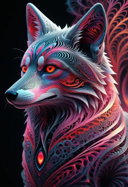 A bo-romance digital drawing reimagined in a whimsical, artistic Fractangles style. The close-up of a fox’s head and upper body is transformed with geometric fur patterns in shades of gray and black, each strand glowing with neon red fractal accents. Its striking, vivid red eyes are now intricate, kaleidoscopic fractals, radiating a mystical, otherworldly energy.
The background shifts from soft pastel pink to a dynamic fractal gradient, blending neon pinks, purples, and blacks, with floating geometric shapes and swirling fractal designs. To the right, a large, 3D geometric heart glows with a delicate, flowing texture, its surface alive with shifting fractal patterns.
In the foreground, a single pink flower is reimagined as a crystalline, fractal bloom, its petals glowing softly. The color palette balances muted tones with vibrant neon highlights, creating a dreamy yet surreal atmosphere. The texture is smooth and polished, with intricate shading and fractal detailing that adds depth and realism, blending romance with the infinite beauty of fractal geometry.