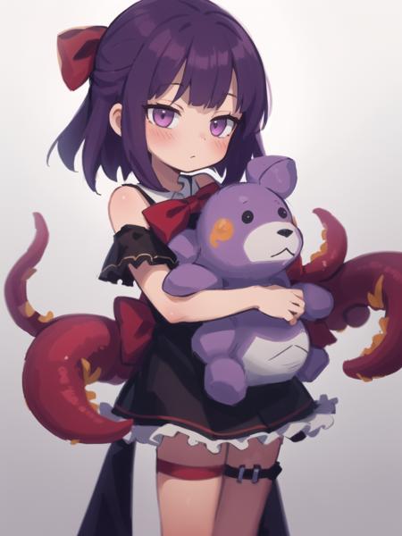 highres,detailed,best quality,masterpiece,illustration,1girl, solo, short hair, purple hair, blush, red bow, hair bow, dress, holding stuffed toy, purple tentacles under clothes, thigh strap, purple tentacles,