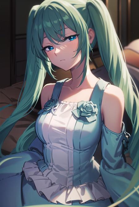 margaritablankenheim, <lora:margaritablankenheim-lora-nochekaiser:1>,
margarita blankenheim, aqua eyes, aqua hair, long hair, twintails, <lora:sleepy_v100:1>,
BREAK aqua dress, bare shoulders, clothing cutout, collarbone, dress, frilled dress, frills, long dress, shoulder cutout, wide sleeves,
BREAK cowboy shot, looking at viewer,
BREAK indoors, bed,
BREAK <lyco:GoodHands-beta2:1>, (masterpiece:1.2), best quality, high resolution, unity 8k wallpaper, (illustration:0.8), (beautiful detailed eyes:1.6), extremely detailed face, perfect lighting, extremely detailed CG, (perfect hands, perfect anatomy),