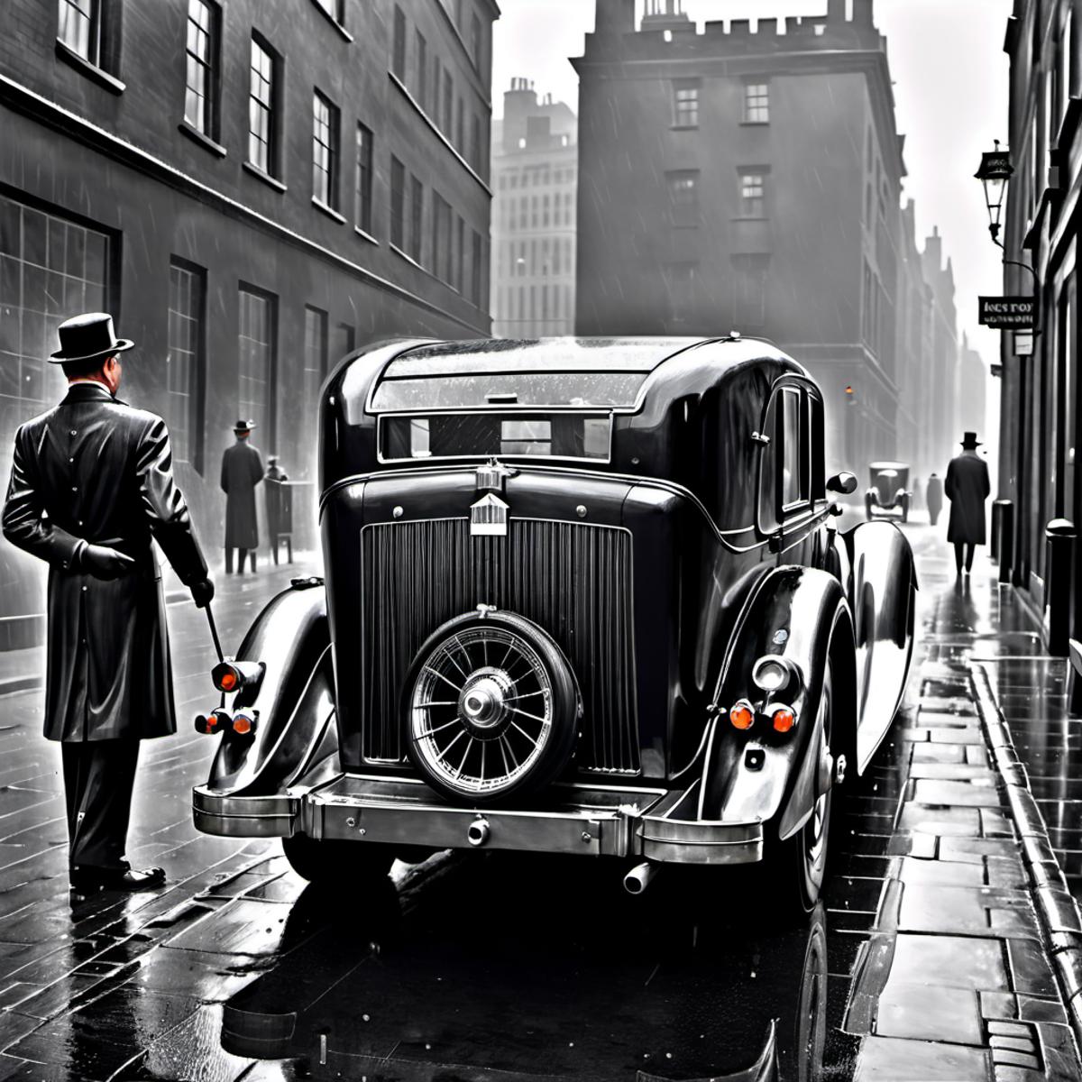 Black and White City Street Scene with an Old Car and People.