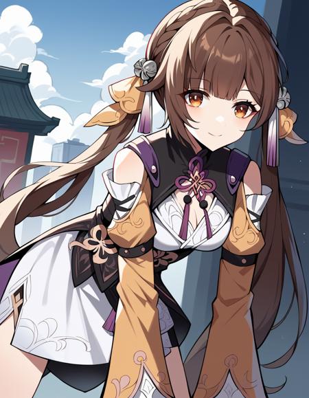 sushang, long hair, bangs, brown hair, brown eyes, twintails, hair ornament, gloves, long sleeves, dress, black gloves, chinese clothes, china dress, white dress,