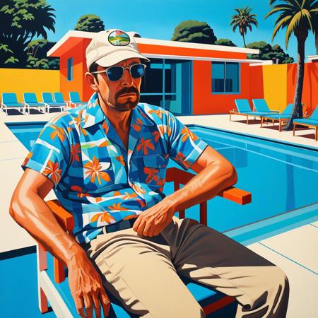 Andrew Yancy, grizzled former Florida Keys detective demoted to restaurant inspector, wearing a wrinkled Hawaiian shirt and baseball cap, tired eyes with stubble, sitting alone looking dejected, vibrant acrylic painting style, bold flat colors, clean geometric compositions, bright California sunlight, crisp shadows, modernist architecture, swimming pool blue tones, perfectly manicured landscapes, mid-century modern aesthetic, saturated color palette, smooth gradients, minimal detail work, contemporary pop art influence, architectural precision, optimistic 1960s atmosphere, vibrant acrylic painting style, bold flat colors, clean geometric compositions, bright California sunlight, crisp shadows, modernist architecture, swimming pool blue tones, perfectly manicured landscapes, mid-century modern aesthetic, saturated color palette, smooth gradients, minimal detail work, contemporary pop art influence, architectural precision, optimistic 1960s atmosphere,