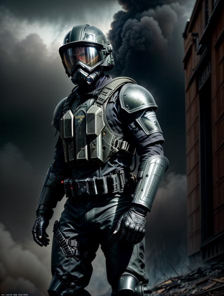 Create a cinematic, filmic image ((best quality)), ((masterpiece)), ((realistic)) of (((post nuclear landscape))). Show an army ranger and [full body] emerging from the thick smoke, fire, flat black painted power combat armor, full facemask and helmet hiding his eyes, action pose, 24mm, 4k textures, soft cinematic light, adobe lightroom, photolab, hdr, intricate, elegant, highly detailed, sharp focus, ((((cinematic look)))), soothing tones, insane details, intricate details, hyperdetailed, low contrast, soft cinematic light, exposure blend, hdr, faded, <lora:more_details:.8>, <lora:wowifierV3:.8>