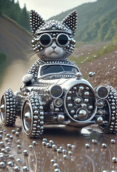 (made of Chrome Ball bearings:1.3), cute small classic sports car, cat driving on, wear round goggles, wear animal ears helmet, view from side, run through on mountain Muddy road, cinematic, cinematic lighting, (masterpiece, best quality:1.4), ultra-high res, 4k, Photorealistic, insanely detailed, sfw,