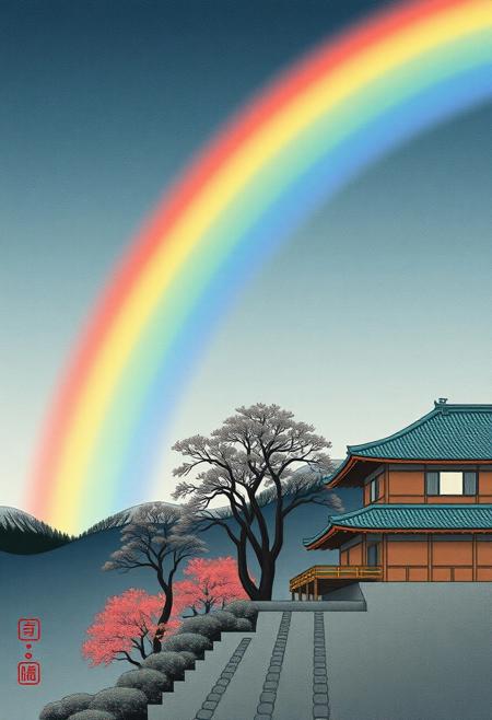 rainbow, Kawase Hasui art style, japanese woodblock print,