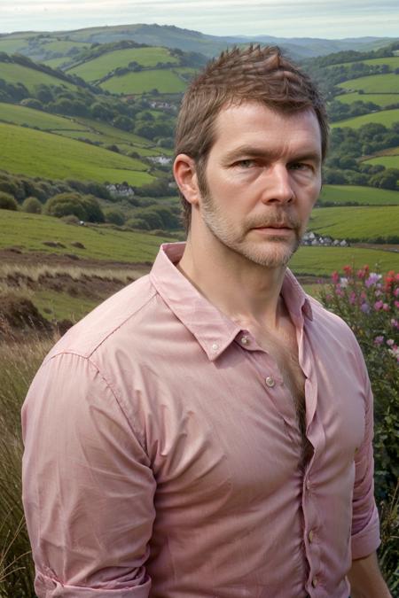 <lora:RhodGilbert:1> rhod gilbert. man with beard standing, welsh countryside, portrait, face