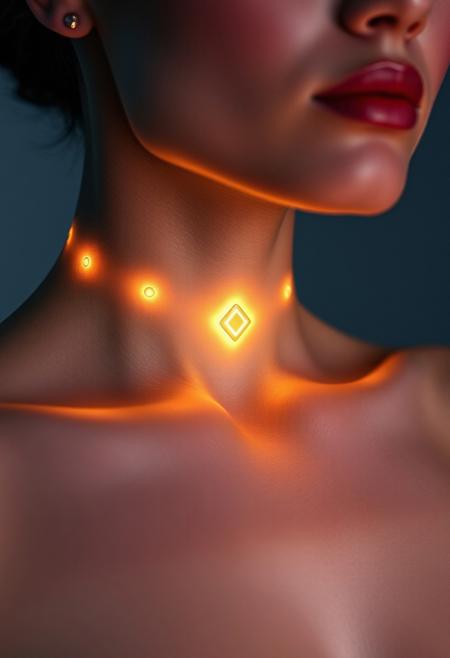 subdermal LED jewelry, (internal LED glow:1.5), (embedded LEDs:1.6) forming an illuminated necklace beneath the skin, soft golden light radiating subtly from within, sapphire-like glow centered on the clavicle, (elegant fashion:1.5), seamless integration of light under the skin, high-definition, (natural skin tone:1.5), soft light diffusion, ultra-realistic skin textures, (glowing skin:1.6), advanced subdermal technology, (gentle glow enhancing facial features:1.5), modern and refined appearance, high-resolution, (sophisticated style:1.3), delicate light contours, tech-enhanced beauty, smooth light transitions, (refined fashion look:1.3), futuristic elegance, minimal external appearance, (nudity:-1.5), (revealing:-1.5), (suggestive:-1.5), (provocative:-1.5), (overexposed:-1.3), (explicit:-1.5), (unclothed:-1.5), (sexualized:-1.6), (immodest:-1.4), (inappropriate:-1.5)