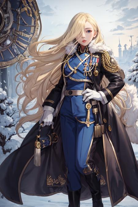 highres, sharp focus, pixiv masterpiece, ((intricate details)), highly detailed, olivier_mira_armstrong, 1girl, full body, standing, (hair over one eye:1.2), blonde hair, long hair, lips, blue coat, jacket, military uniform, white gloves,  <lora:Olivier Mira Armstrong v1_1:0.7>