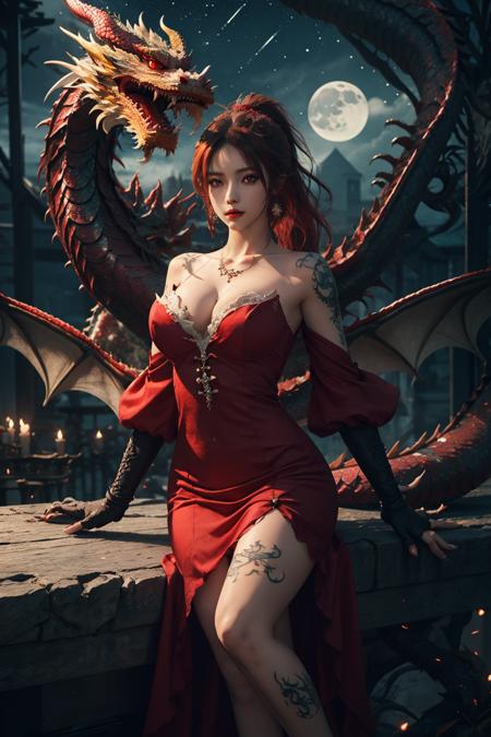 extremely detailed CG unity 8k wallpaper,masterpiece, best quality, ultra-detailed, beautiful detailed eyes:1.2,best illumination, (best shadow, an extremely delicate and beautiful, bloom),dragon_real,
(1gril),solo,(red dragon:1.4),red hair,(red eyes:1.1),long hair,ponytail,Bare shoulders,red dress,long dress,black jewel,earrings,bare legs,(tattoos and dragon),collarbone,lips,moon,gigantic hanging breasts,White silk stockings,lace,Anime face,2.5D,8k,
Beautiful facial features,starry sky,Complex decoration,Black Armor,looking at viewer,Strong lighting,light and shadow texture,texture details,