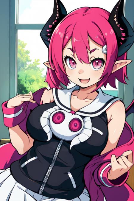 Raspberyl,pointy ears, black horns, pink eyes, solo, , cute expression,  happy,  smile, 
 jacket white sailor collar, zipper, white skirt, wrist cuffs ,black thighhighs , bat wings on back, demon tail above buttocks, skull,  bare shoulders, sleeveless,
upper body, classroom, windows, 
(insanely detailed, beautiful detailed face, masterpiece, best quality) 
 <lora:Raspberyl-10V5:0.8>