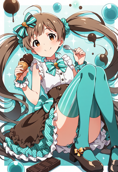 hakozaki serika, twintails, very long hair, brown hair, brown eyes, ahoge, eyebrows visible through hair millitheater millimas hakozaki serika, casual, twintails, very long hair, brown hair, brown eyes, ahoge, eyebrows visible through hair, hair ribbon, green ribbon, white cardigan, aqua dress, frilled dress, print dress, floral print, puffy short sleeves, white socks, bobby socks, shoes, white footwear hakozaki serika, miracle railway, twintails, very long hair, brown hair, brown eyes, ahoge, eyebrows visible through hair, white shirt, sleeveless shirt, collared shirt, detached sleeves, frilled skirt, pink skirt, plaid skirt, peaked cap, mini hat, white headwear, tilted headwear, white legwear, white thighhighs, white gloves, elbow gloves, red bowtie, red bow, plaid bow, heart ornament, star hair ornament, buttons, whistle, whistle around neck, pocket watch hakozaki serika, pure present, twintails, very long hair, brown hair, brown eyes, ahoge, eyebrows visible through hair, bare shoulders, frilled dress, sleeveless dress, white dress, layered dress, pink skirt, layered skirt, lace trim, striped bowtie, striped bow, striped ribbon, red bow, red ribbon, white gloves, lace gloves, lace legwear, white legwear, cross-laced footwear, earrings, jewelry, pearl \(gemstone\) hakozaki serika, girlish chocomint, twintails, very long hair, brown hair, brown eyes, ahoge, eyebrows visible through hair, sleeveless shirt, frilled shirt, white shirt, layered skirt, frilled skirt, polka dot skirt, vertical-striped thighhighs, aqua thighhighs, hair ornament, aqua bowtie, striped bowtie, aqua bow, striped bow, hair bow, polka dot bow, aqua scrunchie, hair scrunchie, wrist scrunchie, polka dot scrunchie, wrist cuffs, buttons, mary janes hakozaki serika, happiness clover, twintails, very long hair, brown hair, brown eyes, ahoge, eyebrows visible through hair, frilled dress, pink dress, puffy short sleeves, detached sleeves, head wreath, hair flower, pink flower, hair bow, plaid hair bow, aqua bow, aqua bowtie, plaid bow, plaid bowtie, wrist cuffs, waist bow hakozaki serika, little teacher, twintails, very long hair, brown hair, brown eyes, ahoge, eyebrows visible through hair, brown coat, double-breasted, winter coat, long sleeves, buttons, plaid scarf, red scarf, frilled skirt, pleated skirt, brown skirt, white legwear, argyle legwear, mittens, red bow, hair ribbon hakozaki serika, pukapuka-shark, twintails, very long hair, brown hair, brown eyes, ahoge, eyebrows visible through hair, bare shoulders, collarbone, pink bikini, print bikini, frilled bikini, bikini skirt, floral print, red scrunchie, hair scrunchie, bracelet hakozaki serika, royal starlet, twintails, very long hair, brown hair, brown eyes, ahoge, eyebrows visible through hair, blue jacket, open jacket, multicolored clothes, collared shirt, white shirt, puffy short sleeves, multicolored skirt, layered skirt, frilled skirt, red skirt, blue skirt, hair bow, red bow, blue bow, neck ribbon, black neckwear, star hair ornament, wrist cuffs, wristband, star \(symbol\) hakozaki serika, pyon-pyon loveit, twintails, very long hair, brown hair, brown eyes, ahoge, eyebrows visible through hair, frilled dress, long sleeves, fur-trimmed sleeves, frilled sleeves, fur-trimmed capelet, white pantyhose, light blue shorts, puffy shorts, legwear under shorts, light blue shirt, short shorts, fur-trimmed legwear, white legwear, rabbit tail, blue bowtie, blue neckwear, pom pom \(clothes\), fake animal ears, rabbit ears, fake animal ears hakozaki serika, nouvelle tricolore, twintails, very long hair, brown hair, brown eyes, ahoge, eyebrows visible through hair, multicolored jacket, white jacket, polka dot jacket, puffy short sleeves, sash, yellow skirt, frilled skirt, polka dot skirt, layered skirt, butterfly hair ornament, butterfly ornament, wrist cuffs, hair ribbon, white ribbon, buttons, white footwear, knee boots, choker hakozaki serika, summer-jhs, twintails, very long hair, brown hair, brown eyes, ahoge, eyebrows visible through hair, school uniform, serafuku, white sailor collar, blue shirt, puffy short sleeves, blue skirt, pleated skirt, neck ribbon, plaid ribbon, blue ribbon, hair ribbon, pink ribbon hakozaki serika, million dreams \(idolmaster\), twintails, very long hair, brown hair, brown eyes, ahoge, eyebrows visible through hair, navel, midriff, bare shoulders, white shirt, sleeveless shirt, polka dot shirt, crop top, pleated skirt, white skirt, miniskirt, polka dot skirt, hair bow, pink bow, detached collar, wrist cuffs, hair ornament, belt, belt buckle, boots hakozaki serika, sailor swimsuit \(idolmaster\), twintails, very long hair, brown hair, brown eyes, ahoge, eyebrows visible through hair, navel, midriff, bare shoulders, collarbone, sailor bikini, white bikini, side-tie bikini, blue sailor collar, blue neckwear, hair ornament, blue bow, hair ribbon, sandals, dixie cup hat hakozaki serika, jhs-mate, twintails, very long hair, brown hair, brown eyes, ahoge, eyebrows visible through hair, school uniform, serafuku, blazer, grey jacket, white shirt, white sailor collar, long sleeves, red neckwear, neck ribbon, red ribbon, pleated skirt, miniskirt, black skirt, buttons, plaid, white socks, shoes, black footwear, mary janes hakozaki serika, pretty-waitress, twintails, very long hair, brown hair, brown eyes, ahoge, eyebrows visible through hair, pink dress, frilled dress, white shirt, collared shirt, puffy short sleeves, frilled sleeves, waist apron, frilled apron, maid apron, white apron, pink bowtie, pink bow, pink neckwear, maid headdress, wrist cuffs, frills, pocket,buttons, frilled skirt, pink skirt, thighhighs, white legwear hakozaki serika, pure one-piece, twintails, very long hair, brown hair, brown eyes, ahoge, eyebrows visible through hair, white dress, frilled dress, sleeveless dress, ribbon-trimmed dress, cross-laced clothes, ribbon-trimmed clothes, sundress, frills, ribbon trim, white ribbon, blue ribbon, white bow, bare shoulders, buttons, wristband, jewelry, pendant, wrist cuffs, collarbone hakozaki serika, le-prologue-x, twintails, very long hair, brown hair, brown eyes, ahoge, eyebrows visible through hair, white jacket, white dress, plaid dress, collared shirt, wing collar, long sleeves, white shirt, red shirt, plaid shirt,white skirt, plaid skirt, pleated skirt, mini crown, tilted headwear, hair ornament, belt, buttons, waist accessory