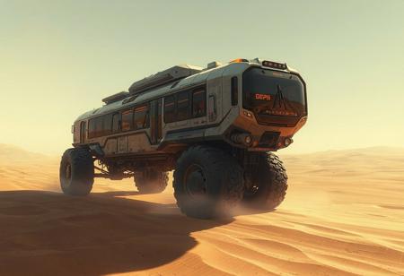 1 vehicle, 
cyberpunk long bus. large wheels. Large cabin  
 in a desert background. 
View from above.