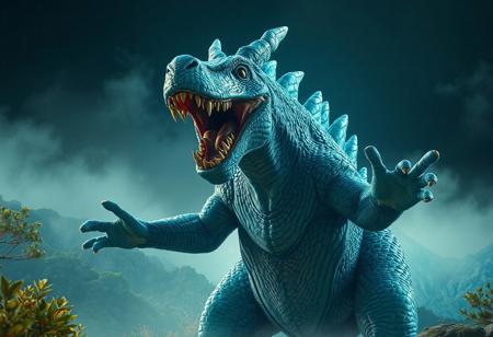 Blue Dogoran Kaiju roaring in Hidden Springs, Far East. Playful dinosaur, open mouth, outstretched arms. 4K, matte painting, octane render, Unreal Engine 5, Raphael style, Houdini style, dynamic dramatic cinematic lighting, trending on Artstation, CGSociety, hyperdetailed, 16K, cinematic, excellent composition, aesthetic, golden ratio.