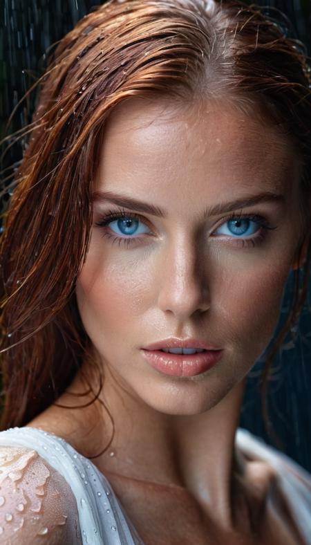portrait of a unique breathtaking and beautiful woman face close-up, stunning detail, detailed blue eyes, wet auburn hair, detailed skin, smooth hair elegantly draped around her neck, full lips, high cheekbones, in rain, captured in masterful composition, lighting accentuate her natural beauty, gentle shadows and highlights, dark background, wet skin
