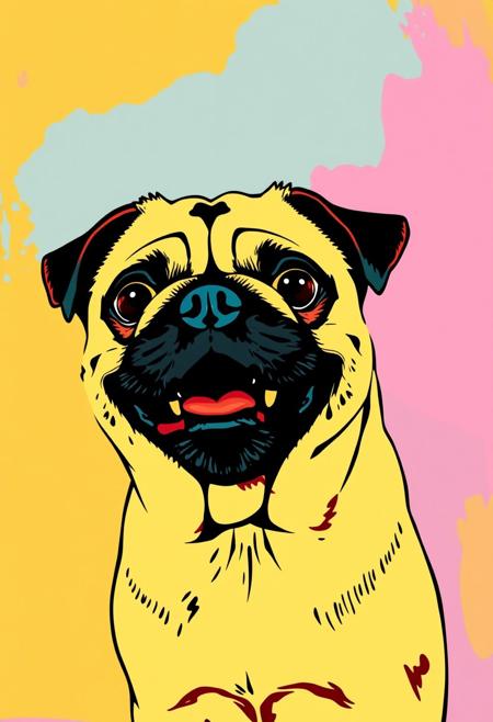 A pop art image of the happiest little pug you've ever seen in the style of Andy Warhol