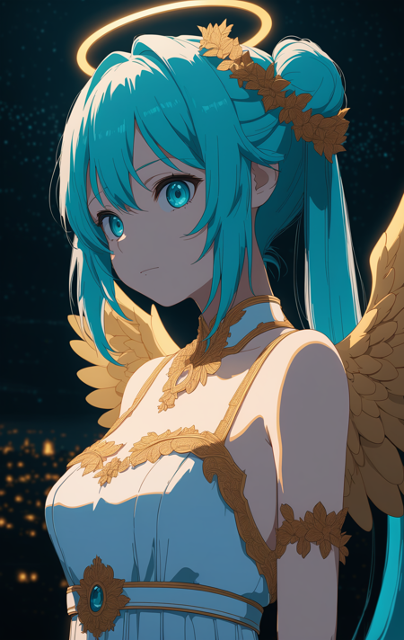 masterpiece, best quality, hatsune miku, white gown, angel, angel wings, golden halo, dark background, upper body, closed mouth, looking at viewer, arms behind back, blue theme, night, highres, 4k, 8k, intricate detail, cinematic lighting, amazing quality, amazing shading, soft lighting, Detailed Illustration, anime style, wallpaper