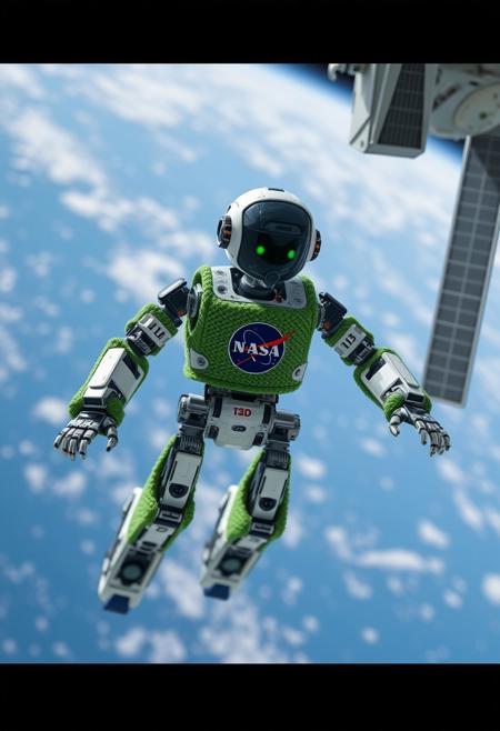 NASA robot moves around the ISS. The robot is dressed in green knitted clothes