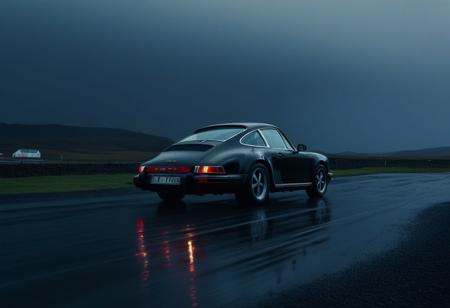 cinematic photo of the a classic Porsche 911 in Iceland, Dark ambiance, at night, downpour, thunderstorm, heavy rain.