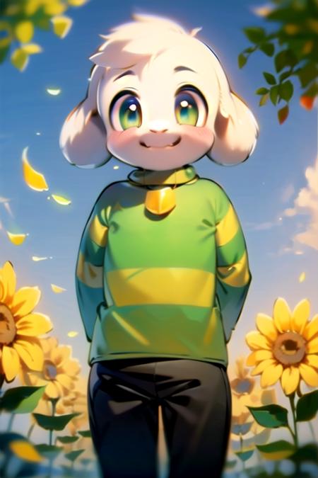 1boy, <lora:asriel-30:0.9>, kid, green eyes, pants, green t-shirt, flower, sky, happy, closed mouth