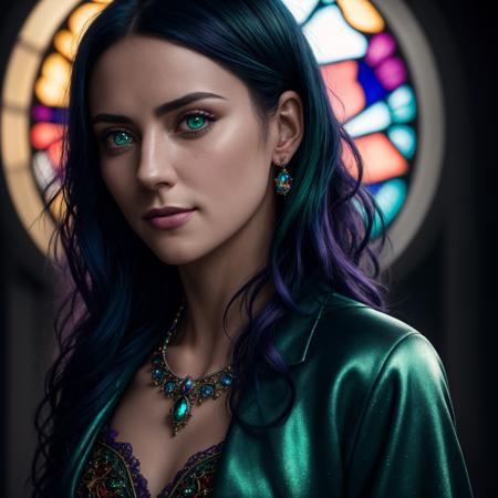 close POV, young adult woman, blue purple green color palette, black hair with dark green shine, two symmetrical antennae on head, big blue eyes sparkling, rings around eyes, two-tone black and red, smiling at the camera, elegant pose, looking at the viewer, vivid stained glass window background, character portrait, 4k wallpaper, aesthetic, masterpiece, award-winning photography, macro photography vivid colors, photorealistic, atmospheric, cinematic, moody, rule of thirds, majestic, detailed, perfect anatomy cowboy shot, contrapposto, looking at viewer, highres, superb, 8k wallpaper, extremely detailed, intricate, volumetric lighting, realistic, realistic lighting, cinematic, 4k, cinematic lighting, 8k, depth of field, masterpiece, perfect, award-winning, hyper-detailed, photorealistic, ultra realistic, realistic light, hard lighting, intricate details, stop motion, hyperfocus, tonemapping, sharp focus, hyper detailed, detailed eyes, eyes focus, highres, (extremely detailed 8k wallpaper:1.1), (mid shot1.25), (portrait:1.25), (solo:1.2), 1girl, (beautiful face:1.15), (nixeu_soft:0.7), (nixeu_white:0.7),