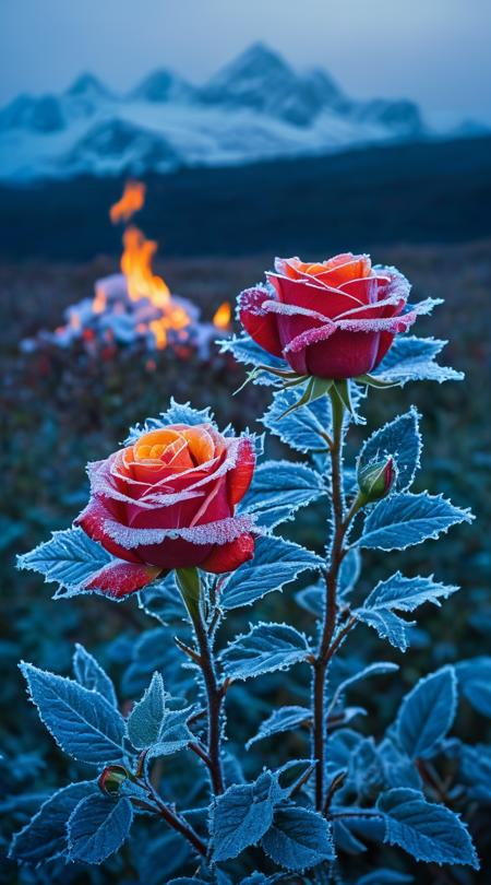 Frost-fire roses, baking a sumptuous feast, Flaring sparks, icy with frosty air, deep oceanic blues, frontal symmetry face-on, long shot of the landscape, abstract geometric patterns, coarse sandpaper abrasion, HDR tonal range expansion, close foreground, distant background, sharp silhouetted profiles.