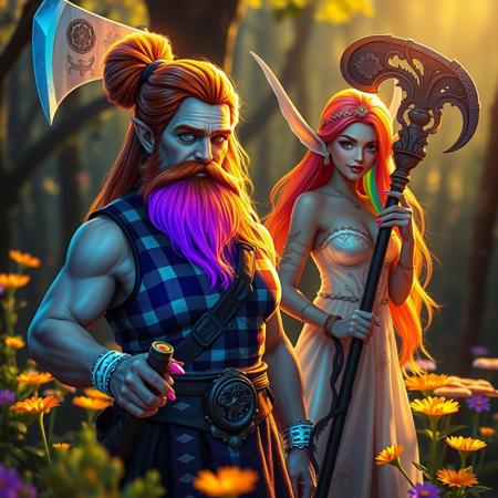 a feminine  bioluminescent dwarf With copper hair, beard, Brightly coloured long finger nails, translucent plaid top, muscular arms, bright coloured flowers, sunshine, large ornate axe. And a feminine elf Brightly coloured long finger nails, reflective coat, translucent dress, sunshine, large ornate staff, rainbow hair, 
In a magic forest, bright flowers and glowing mushrooms