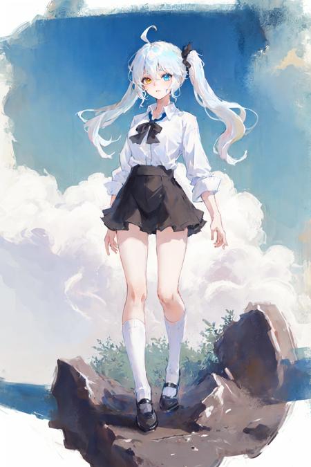 (best quality, masterpiece), 1girl, (female focus), ahoge, white blue hair, ((white shirt), (overfit shrit)), long hair, standing, twintails, [[mild heterochromia]], white background