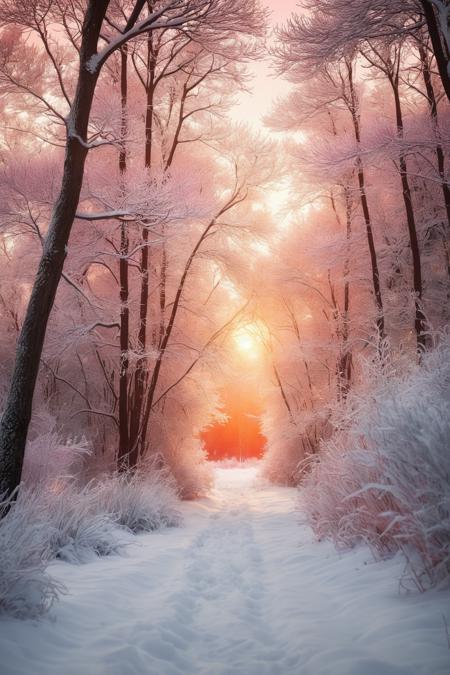 snow in winter sunrise,  in the style of light red and dark gold,  soft focus romanticism,  matte photo,  silver and orange,  light silver and dark pink,  dark pink and orange,<lora:EMS-57135-EMS:0.600000>