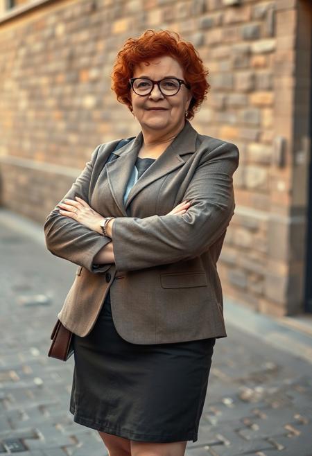 full body shot masterpiece portrait of a plump mature woman::1.4, Norman Rockwell style::1.2, realistic impressionist art::1.1,
(physical description: full body shot, plump build, mature age, red curly hair, wearing glasses, arms crossed:1.1)
(facial features, expression: soft and confident expression, gentle smile lines, thoughtful gaze through round glasses:1.0)
(clothing details: tailored jacket paired with a knee-length skirt, round toe flats in a coordinating color:1.0)
(accessories: simple earrings or minimal jewelry, subtle handbag or no bag:0.9)
(background setting: urban sidewalk or small town square, textured stone or brick background:0.9)
(lighting style: natural soft daylight with warm highlights:0.8)
(composition and camera framing: full body centered portrait, eye-level angle, candid posture with arms crossed:1.0)
(emotional tone or theme: self-assured, comfortable elegance, quietly bold presence:0.9)
(technical execution: clean sharp details, rich color tones with natural shadows, painterly realism:0.8)