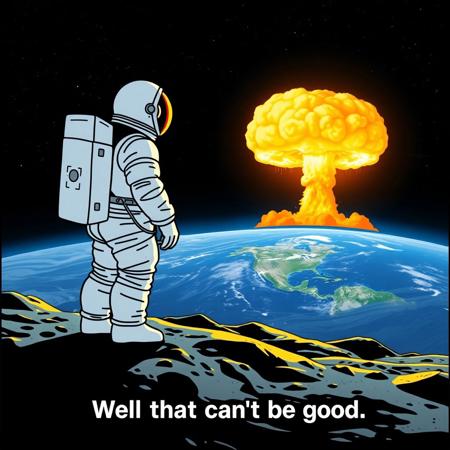 score_9, score_8_up, score_7_up, photo Quality, An astronaut is standing on the moon looking at earth.  There is a mushroom cloud from nuclear bomb exploding on earth.  The caption  says “Well that can’t be good”