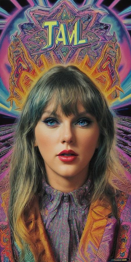 <lora:Taysway_V5-10:0.8> Taysway, adult beautiful woman, 80s movie poster themed, 80s poster style, psychedelic, mind blowing, trippy, acid colour scheme, high colour contrast, high detail