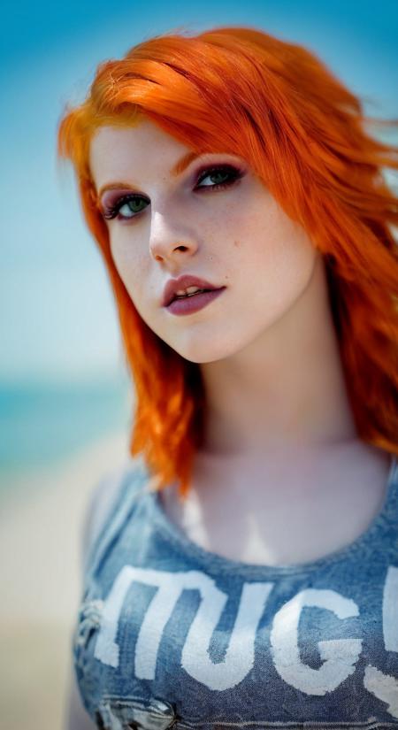 hayley williams (sharp focus:1.2), portrait, attractive young woman, (beautiful face:1.1), detailed eyes, luscious lips, (eye makeup:1.2), body freckles, (large breasts:1.0), (tight body:1.2), (brown hair:1.2), wearing (jeans and t-shirt:1.2) at (the beach:1.2). (morning sun lighting:1.2), depth of field, bokeh, 4K, HDR. by (James C. Christensen:1.2|Jeremy Lipking:1.1).