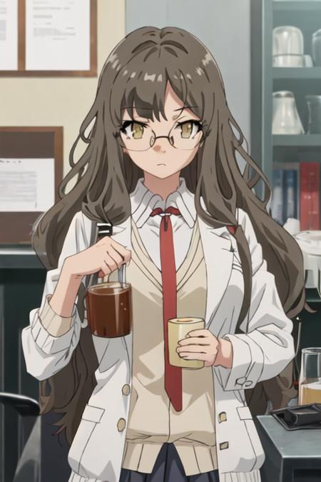 best quality, masterpiece, highres, solo, {futaba_rio_seishunbutayarou:1.15}, long_hair, brown_hair, brown_eyes, glasses, necktie, 1girl, yellow_eyes, bangs, rimless_eyewear