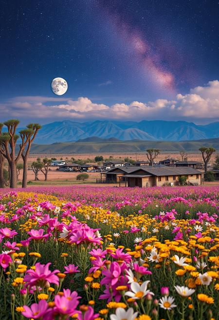 White, pink, yellow, colorful flower fields, acacia trees, tall wooden village buildings, mountains in far distance, bustling village, savannah wilds, arid prairie, detailed scenery, full moon, night, clouds, starry sky, milky way, 
best quality, sharp focus, high contrast, colorful, ultra quality, 8k, best quality,