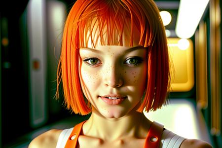 a woman with bright red hair holding a video game , 1girl, solo, looking at viewer, short hair, bangs, holding, closed mouth, upper body, red hair, blunt bangs, orange hair, lips, grey eyes, portrait, freckles, realistic, nose, camera